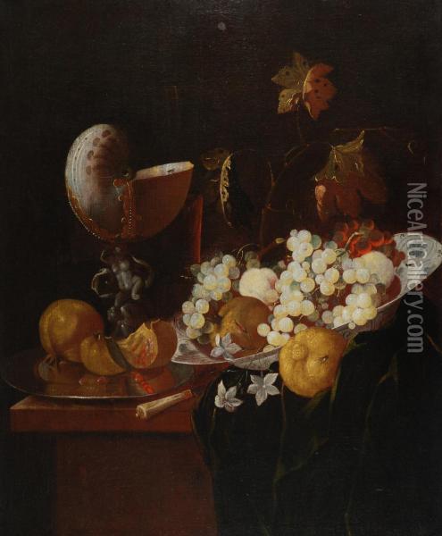 Nautilus, Alzatine In Maiolica E Frutta Oil Painting - Georg Hainz