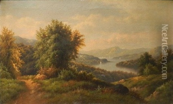 Summer Landscape With River And Sailboats In The Distance Oil Painting - Hermann Herzog