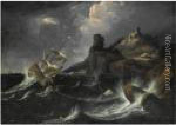 Tempesta Con Naufragio E Incendio Di Un Villaggio Oil Painting - Bonaventura, the Elder Peeters