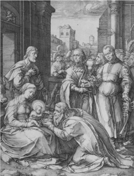 The Adoration Of The Magi (holl. 13; S. 320) Oil Painting - Hendrick Goltzius