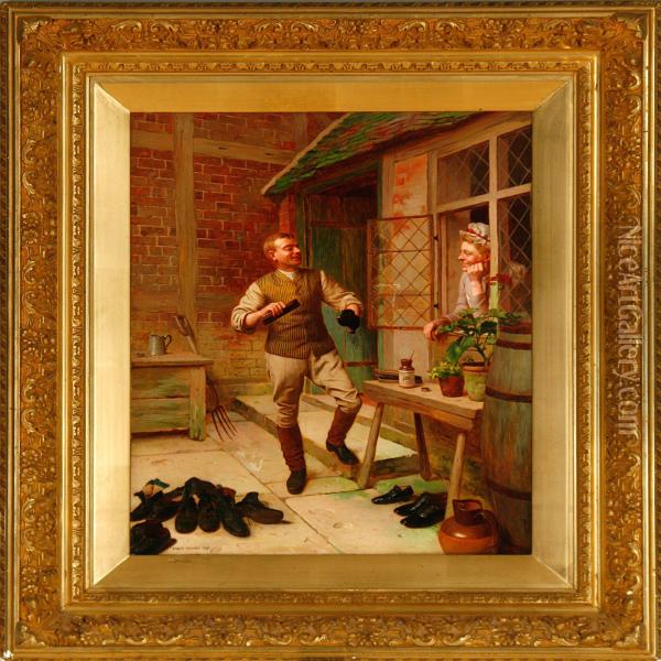 The Butler Is Polishing Shoes While Flirting With The Maid Oil Painting - Edwin Hughes
