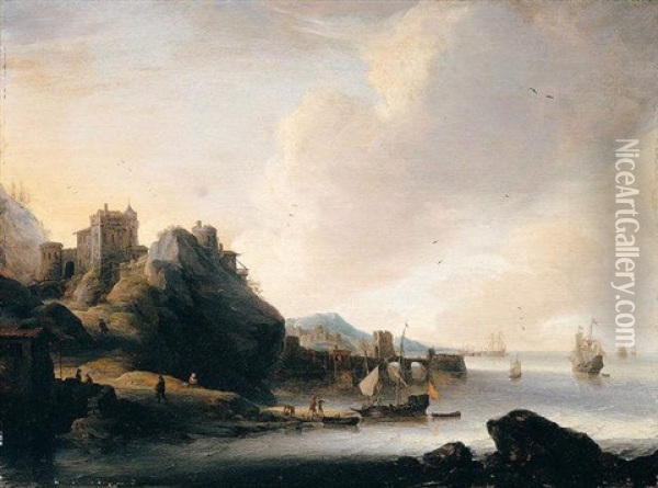 A Coastal Landscape With Figures Before A Fort, Shipping Off The Coast Oil Painting - Jan Abrahamsz. Beerstraten