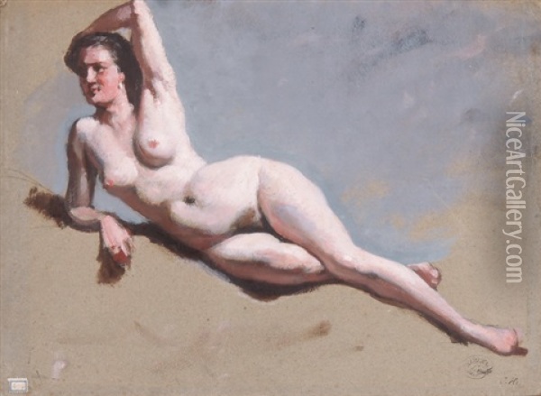 Liegender Weiblicher Akt Mit Erhobenem Arm Oil Painting - Jules Hebert