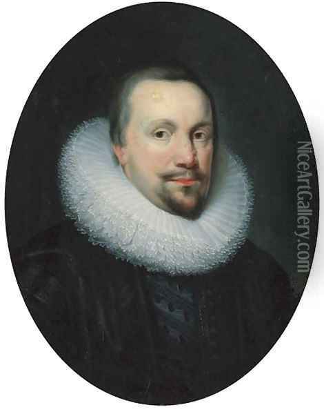 Portrait of a gentleman, traditionally identified as Thomas Coventry, first Baron Coventry (1578-1640), Lord Keeper, in a black doublet and white ruff Oil Painting - Johnson, Cornelius I