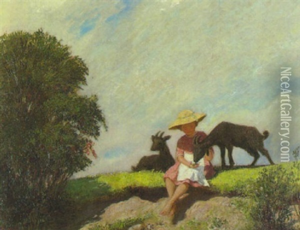 Kleines Madchen Mit Zwei Ziegen Am Sonnigen Wiesenhang Oil Painting - Corneille Max