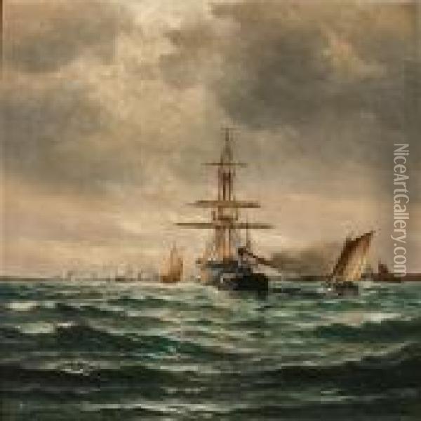 A Tug Towing A Large Sailing Ship Out Of Copenhagenharbour Oil Painting - Vilhelm Bille
