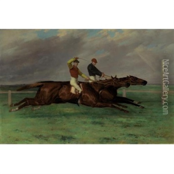 Sir Sutton's Lord Lyon Beating Lord Ailesbury's Savernake At The Doncaster St. Leger Of 1866 Oil Painting - Harry Hall