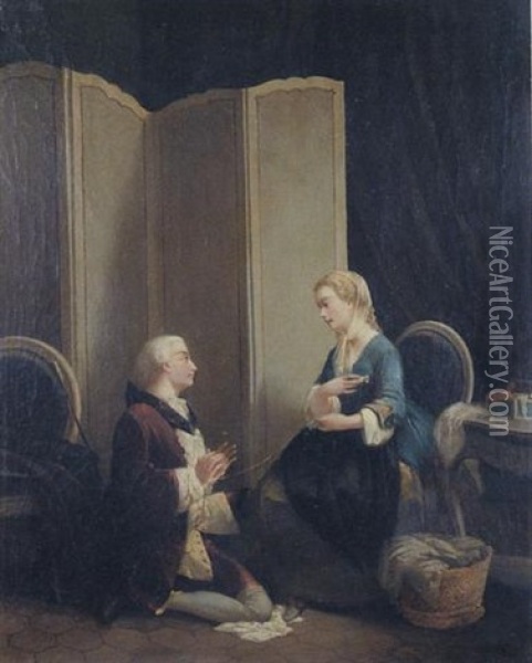 L'enroulement De La Bobine Ou Le Galant A Genoux Oil Painting - Louis Houssot