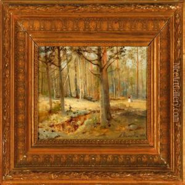 Autumn Forest With Two Promenading Ladies Oil Painting - Andrei Nikolaevich Shilder