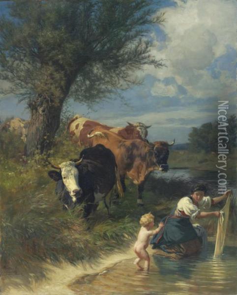 Cows And Washerwoman Near A Brook Oil Painting - Rudolf Koller