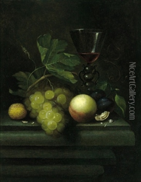 Stillleben Mit Weintrauben, Einem Pfirsich, Nussen Und Einem Gefullten, Venezianischen Weinglas Oil Painting - Johannes Borman