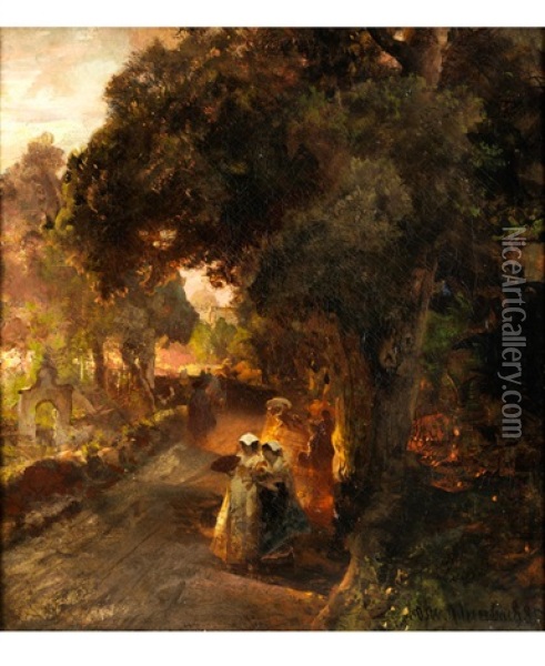 Im Park Der Villa Medici Im Abendlicht Oil Painting - Oswald Achenbach