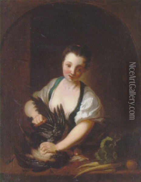 A Maiden Plucking A Chicken At A Niche Oil Painting - Jean Raoux