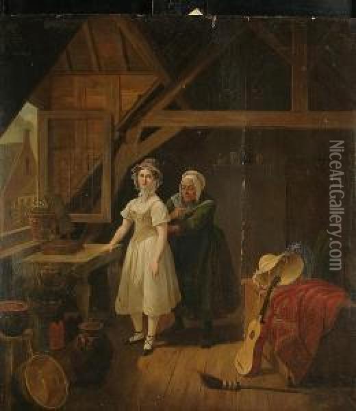 An Interior Scene With A Maid Sewing A Lady Into A Corset Oil Painting - Constantin Fidele Coene