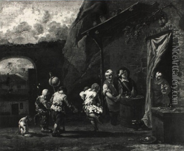 Figures Outside A Tavern Oil Painting - Karel Dujardin