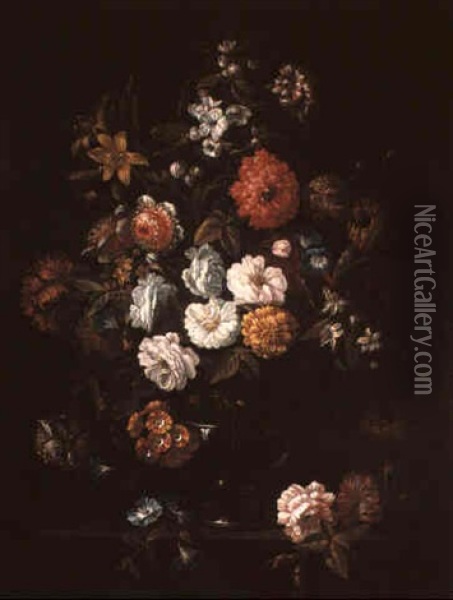 Stilllife Of Flowers In A Glass Vase On A Stone Plinth Oil Painting - Jean-Baptiste Monnoyer