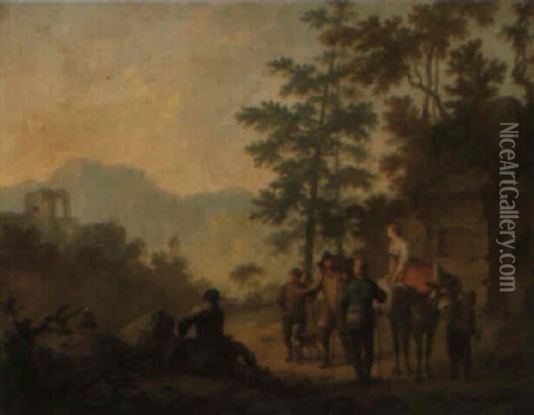 Landscape With Ruins And A Group Of Travellers Resting Near A Monument Oil Painting - Franz de Paula Ferg