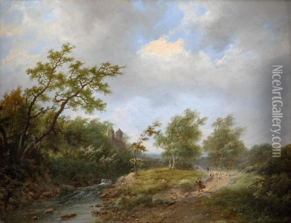 Fluslandschaft Mit Schlossansicht Und Landvolk. Oil Painting - Marianus Adrianus Koekkoek