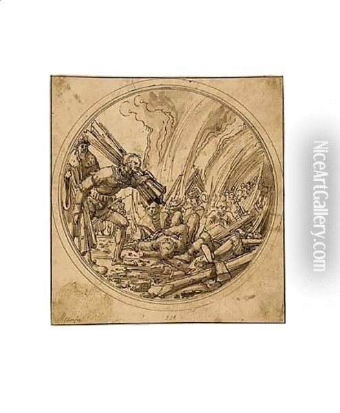 Design For A Glass Roundel The Emperor Maxentius Ordering The Burning Of The Fifty Wise Men For Failing To Convince St. Catherine Of The Error Of Her Ways Oil Painting - Albrecht Altdorfer