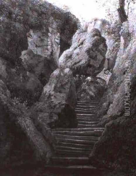 Waldschlucht Mit Treppenstufen Zwischen Bemoosten Felsen Oil Painting - Andreas Achenbach