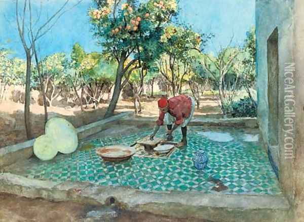 Laying tiles by the orange grove Oil Painting - Amedee Forestier
