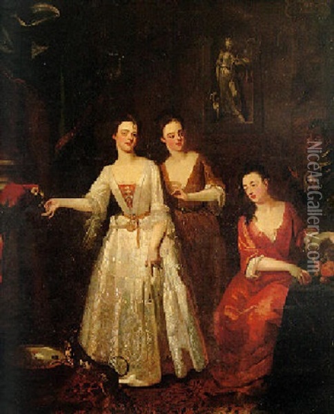 Portrait Of Three Ladies Of The Bissett Family With Blackamoor Servant And Their Parrot And Dog Oil Painting - Enoch Seeman