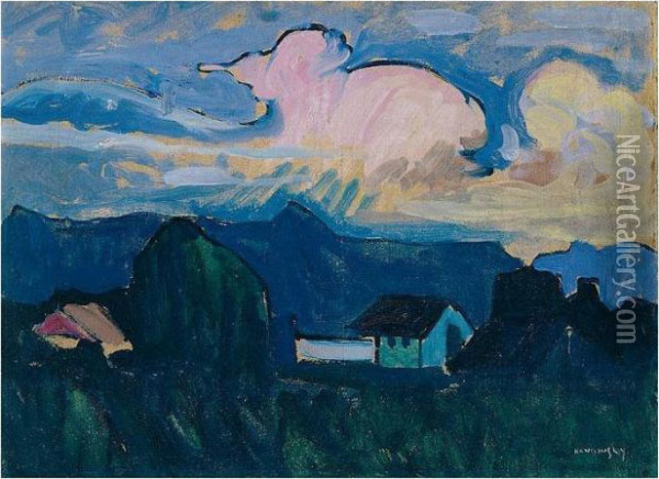 Landschaft Mit Rosa Wolke (landscape With Pink Cloud) Oil Painting - Wassily Kandinsky