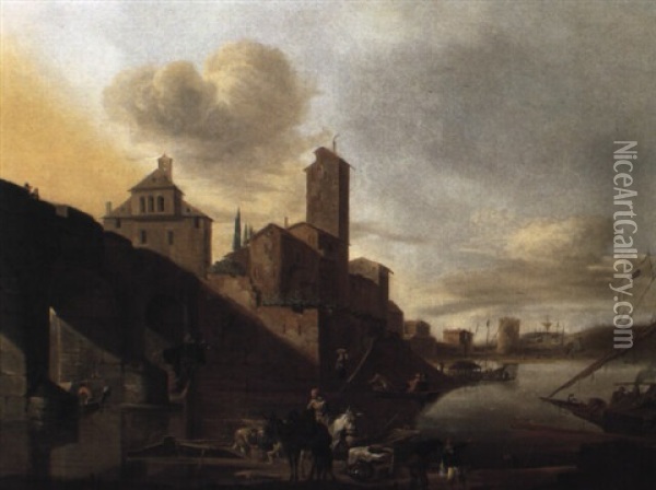 Vue Du Ponte Milvio A Rome Oil Painting - Johannes Lingelbach