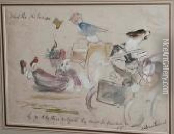 Cat And Dog Race Dogs Pulling A Cart, Cat Incostume Oil Painting - Lilian Cheviot