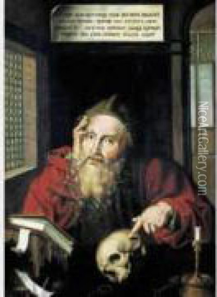 Saint Jerome Meditant. Oil Painting - Marinus van Reymerswaele