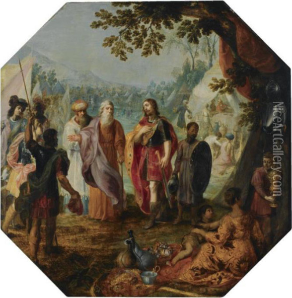 Moses, Pinehas And Eleazar 
Meeting Officers Of The Army, A Seatedwoman With Two Young Children In 
The Foreground, Surrounded Byjewellery And Other Precious Materials, A 
View Of The Army Campbeyond Oil Painting - Hendrik van Balen