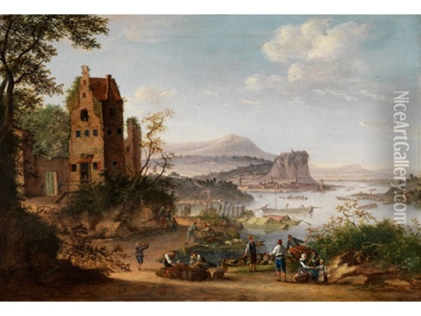 Hafenlandschaft Mit Ruinosem Turmgebaude Und Reicher Figurenstaffage Oil Painting - Louis Chalon