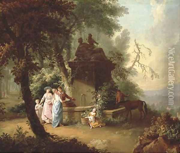 An extensive landscape with elegant company by a fountain in a wooded glade Oil Painting - William Delacour