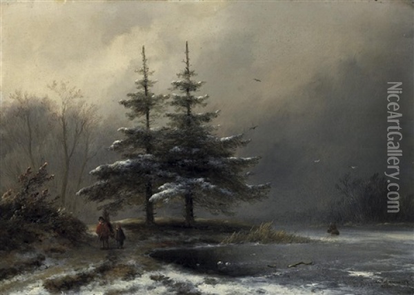 Winterabend. Heimkehrende Reisigsammler Am Ufer Eines Zugefrorenen Sees Oil Painting - Johannes Franciscus Hoppenbrouwers