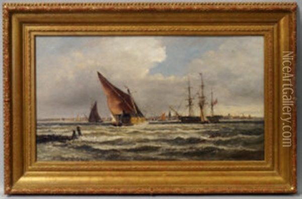 Busy Shipping Scene Off A Harbour Oil Painting - Thomas Bush Hardy