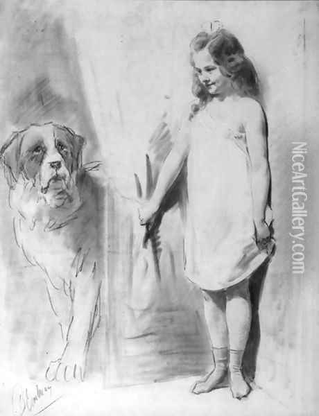 Young girl with St. Bernard Oil Painting - Otto Eerelman
