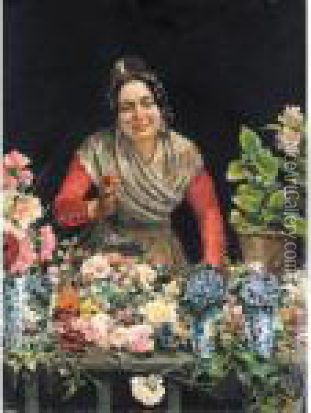 Vendedora De Flores (the Flower Seller) Oil Painting - Julio Vila y Prades
