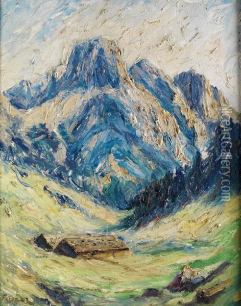 Blaue Alpengipfel Mit Schneefeldern Und Berghutten Im Tal Oil Painting - Fritz Baer