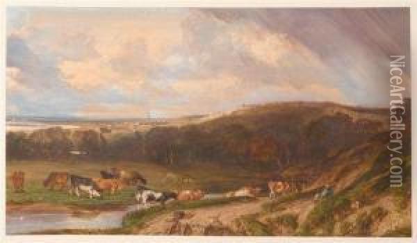 French Landscape With Herd Of Cows By A River. Oil Painting - Prosper Georges Ant. Marilhat