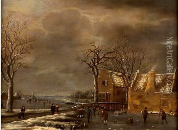 Paysage D'hiver Aux Patineurs Oil Painting - Jan Meerhout