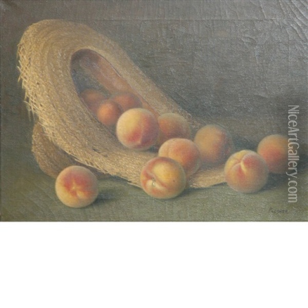 Peaches Spilling From A Straw Hat Oil Painting - Hugo A. Possner
