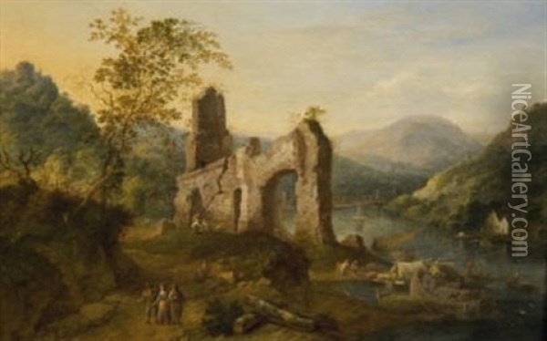 Promeneurs Pres Des Ruines D'un Temple Oil Painting - Jan Griffier the Elder