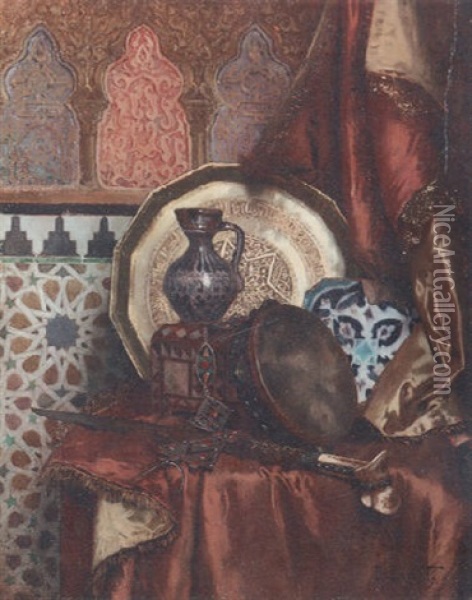 A Tambourine, Knife, Turkish Box, Turkish Jug, Moroccan Tile And Plate On A Satin Covered Table Oil Painting - Rudolf Ernst