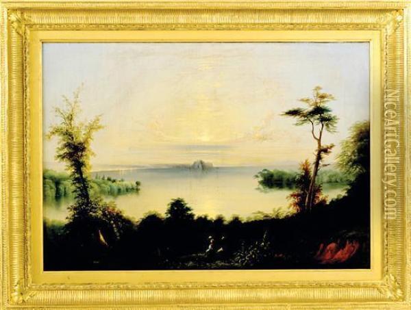 Overlooking Expansive Lake Landscape Oil Painting - Edmund C. Coates