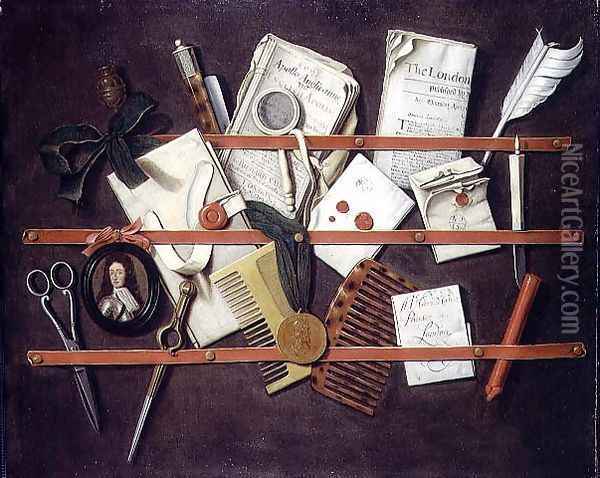 Trompe l'oeil letter rack with a miniature portrait of a young man in armour, 1697 Oil Painting - Edwart Collier