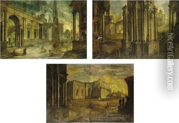 Architectural Capriccios: Three Paintings Oil Painting - Pietro Paltronieri Il Mirandolese