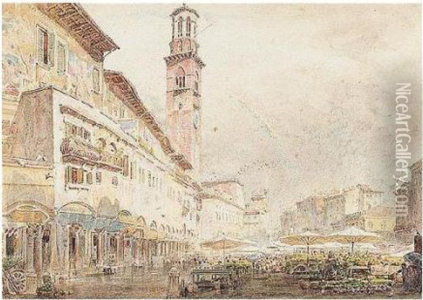 The Flower Market, Piazza Delle Erbe, Verona Oil Painting - Albert Goodwin