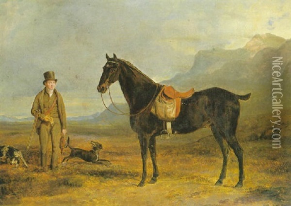 General Lord Robert Kerr Of Newbattle Rough Shooting In A Mountainous Landscape, With His Pony And Two Pointers Oil Painting - William Douglas