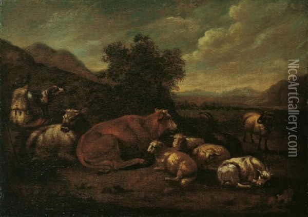 Sudliche Landschaft Mit Einem Hirten Und Lagerndem Vieh Oil Painting - Johann Melchior Roos