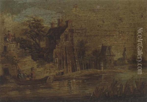 A Riverside Landscape With Travellers And Peasants Oil Painting - Barend Gael